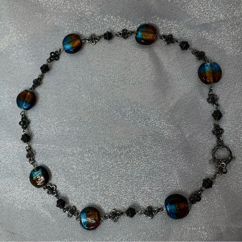 Necklace Dichroic glass beads brown blue toggle necklace silver black luxe